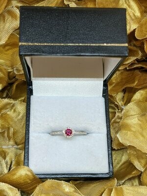 18ct White Gold Ruby Diamond Halo Cluster Ring