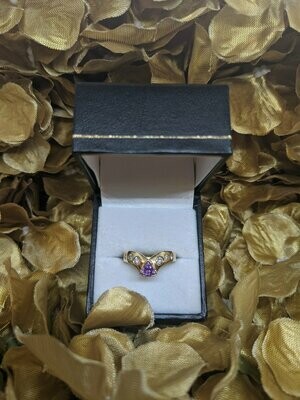 18ct Yellow Gold Purple Sapphire Diamond Wishbone Solitaire Ring