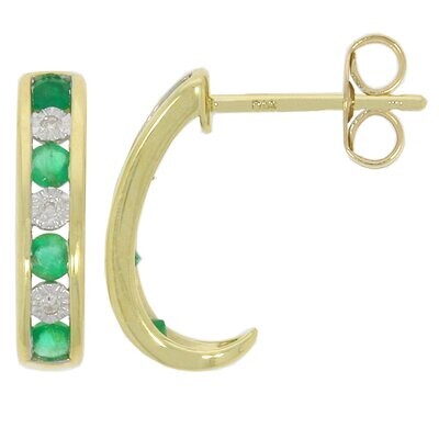 9ct Yellow Gold Emerald & Diamond Half Hoop Stud Earrings
