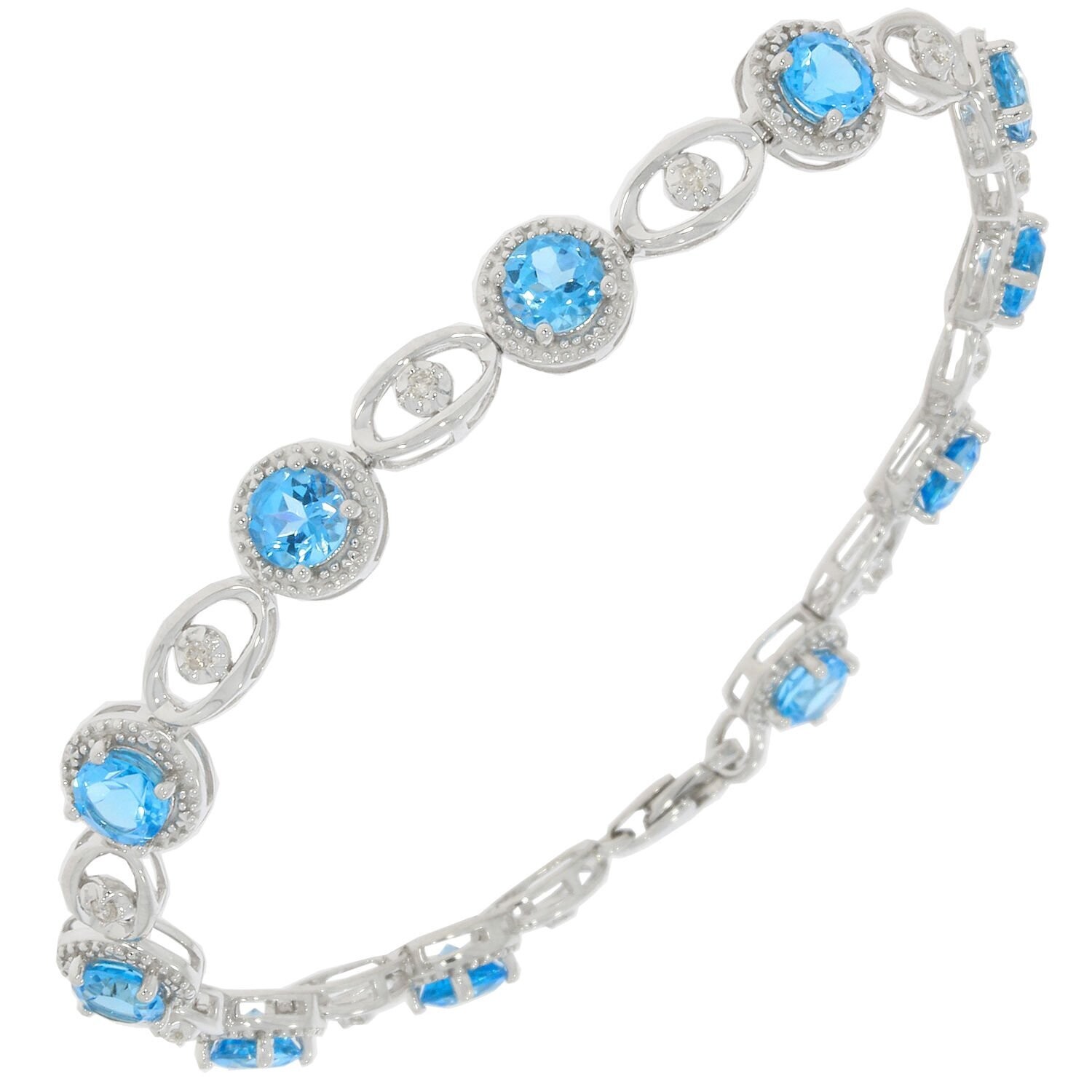 9ct White Gold Blue Topaz Diamond Round Halo Bracelet