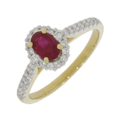 18ct Gold Ruby Diamond Oval Halo Cluster Ring