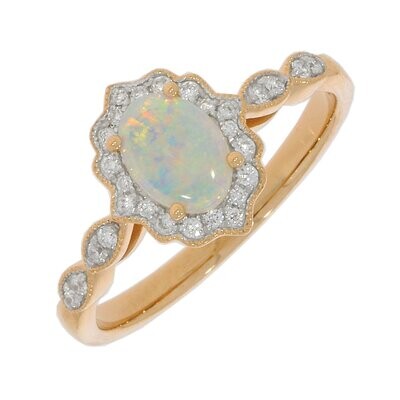 18ct Rose Gold Opal Diamond Vintage Halo Cluster Ring