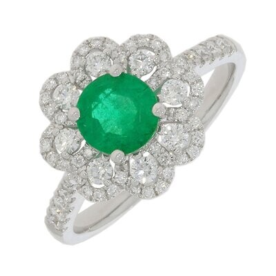 18ct White Gold Emerald Diamond Vintage Cluster Ring