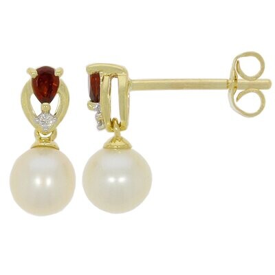 9ct Yellow Gold Pearl Garnet & Diamond Drop Earrings 5mm