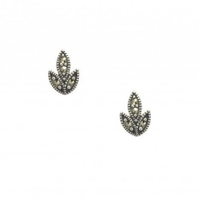 Vintage Design Sterling Silver Marcasite Leaf Stud Earrings