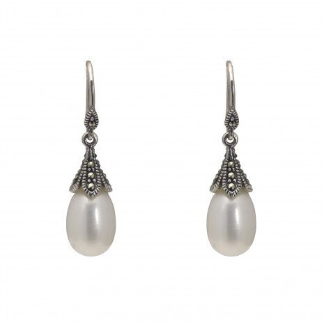 Vintage Design Sterling Silver Marcasite Pearl Drop Earrings