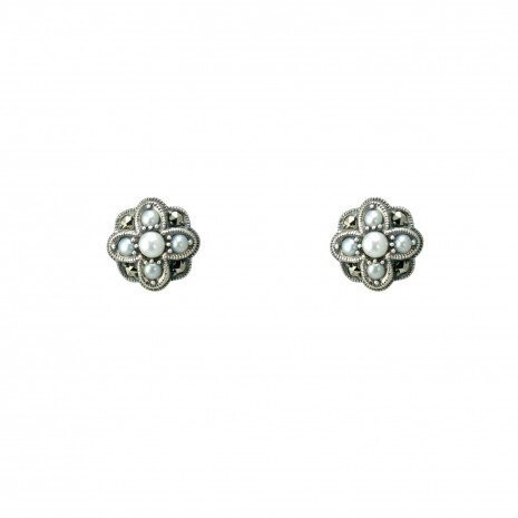 Vintage Design Sterling Silver Marcasite Pearl Stud Earrings