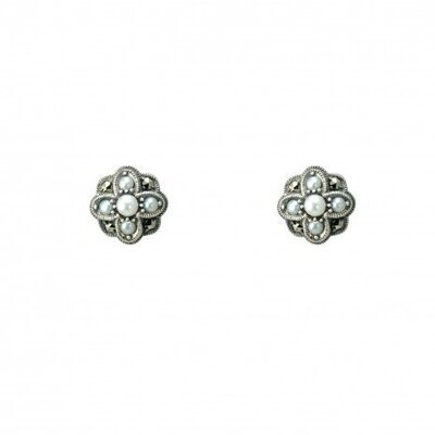 Vintage Design Sterling Silver Marcasite Pearl Stud Earrings