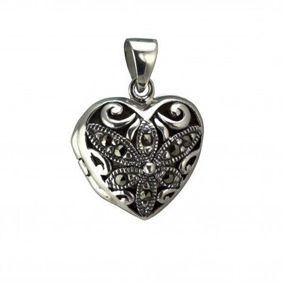 Vintage Design Sterling Silver Marcasite Heart Shaped Locket