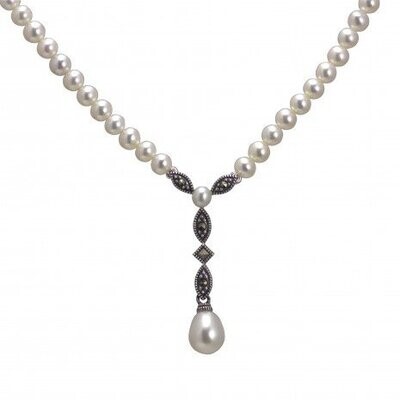 Vintage Design Sterling Silver Marcasite Y-Shape Pearl Necklace