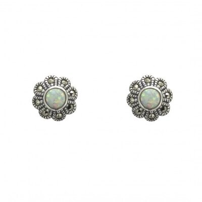 Vintage Design Sterling Silver Marcasite Created Opal Stud Earrings