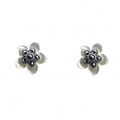Vintage Design Sterling Silver Marcasite Carved Flower Stud Earrings