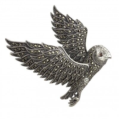 Vintage Design Sterling Silver Marcasite Owl Brooch