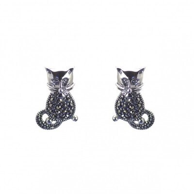 Vintage Design Sterling Silver Marcasite Cat Stud Earrings