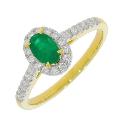 18ct Yellow Gold Emerald Diamond Oval Halo Cluster Ring