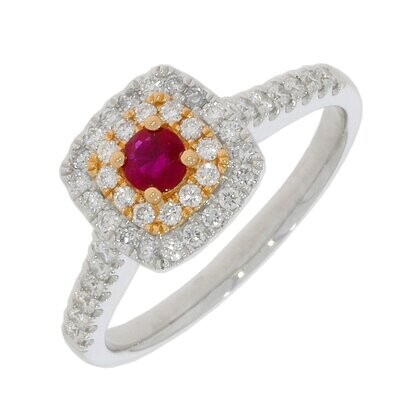 18ct White Gold Rose Gold Ruby Diamond Double Halo Cluster Ring