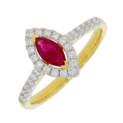 18ct Yellow Gold Ruby Marquise Shape Halo Cluster Ring