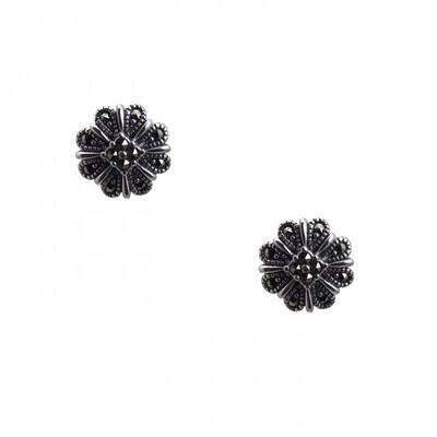 Vintage Design Sterling Silver Marcasite Flower Cluster Stud Earrings