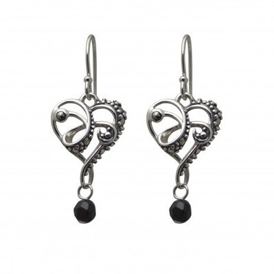 Vintage Design Sterling Silver Marcasite Black Onyx Heart Drop Earrings
