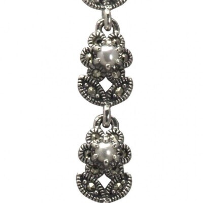 Vintage Design Sterling Silver Marcasite Pearl Flower Bracelet