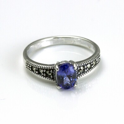 Vintage Design Sterling Silver Marcasite Tanzanite Solitaire Ring