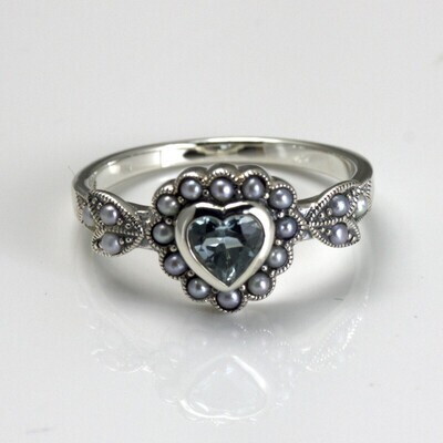 Vintage Design Sterling Silver Blue Topaz Heart Ring
