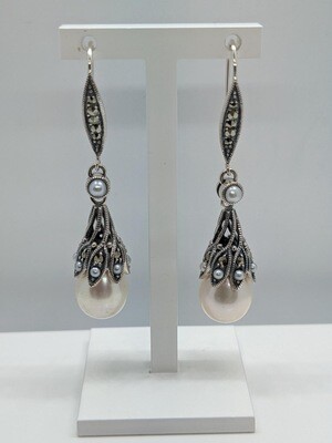 Vintage Design Sterling Silver Pearl Flame Drop Earrings