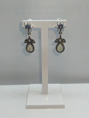 Vintage Design Sterling Silver Floral Opal Drop Earrings