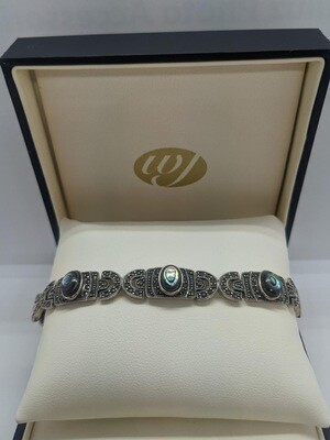 Vintage Design Sterling Silver Marcasite Abalone Deco Bracelet