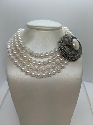 Vintage Design Sterling Silver Marcasite Four Row Pearl Necklace