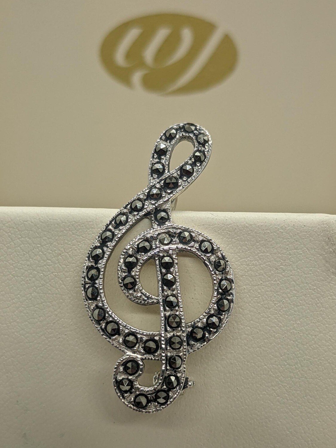 Vintage Design Sterling Silver Marcasite Treble Clef Brooch