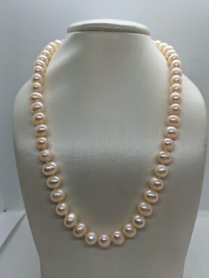 Sterling Silver Peach Pearl Row Necklace 6-7mm
