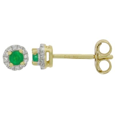 9ct Yellow Gold Emerald & Diamond Halo Stud Earrings