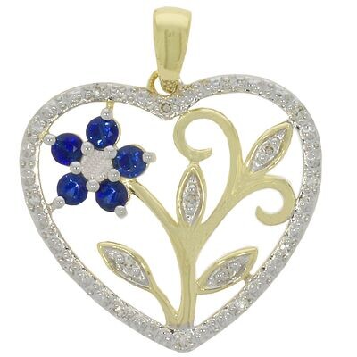 9ct Yellow Gold Sapphire & Diamond Flower Heart Pendant