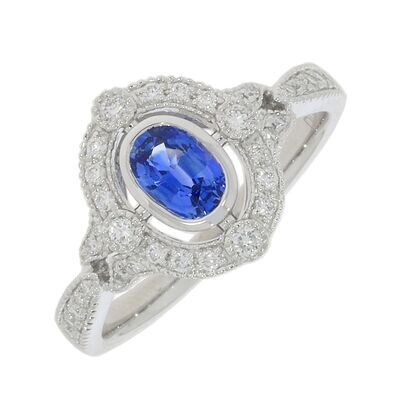 Platinum Ceylon Sapphire & Diamond Vintage Halo Ring 0.25ct