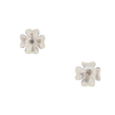 9ct White Gold Carved Mother Of Pearl Flower Diamond Stud Earrings