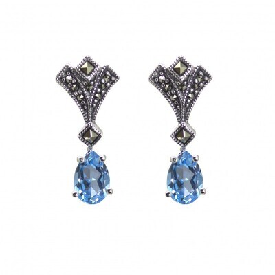 Vintage Design Sterling Silver Marcasite Blue Topaz Drop Earrings