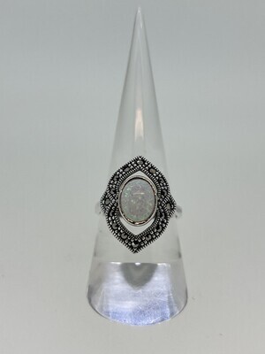 Vintage Design Sterling Silver Marcasite Opal Ring