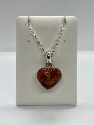 Sterling Silver Natural Cognac Amber Included Heart Pendant