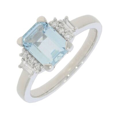 Platinum Aquamarine & Diamond Emerald Cut Ring 0.20ct