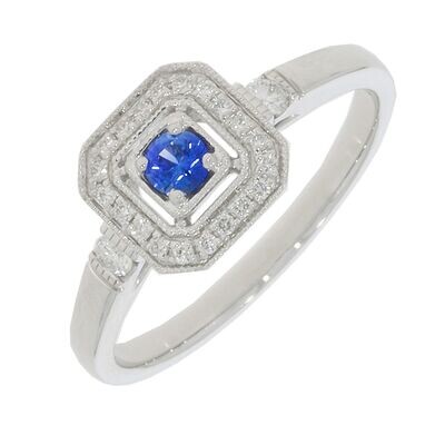 9ct White Gold Ceylon Sapphire & Diamond Deco Cluster Ring