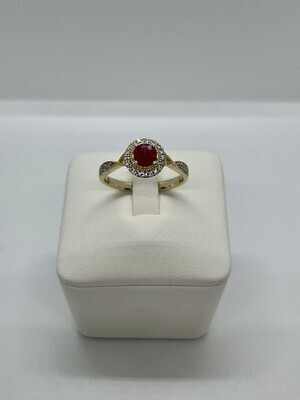 9ct Gold Ruby & Diamond Twist Shoulder Halo Cluster Ring
