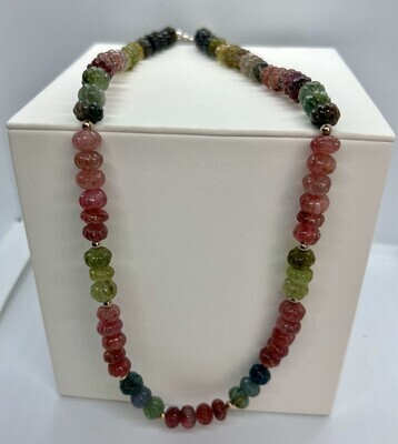 Sterling Silver Carved Watermelon Tourmaline Bead Necklace