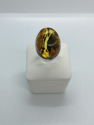 Sterling Silver Natural Green Amber Striated Ring