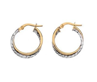 9ct White and Yellow Gold 15mm Two Strand Crossover Hoop Earrings