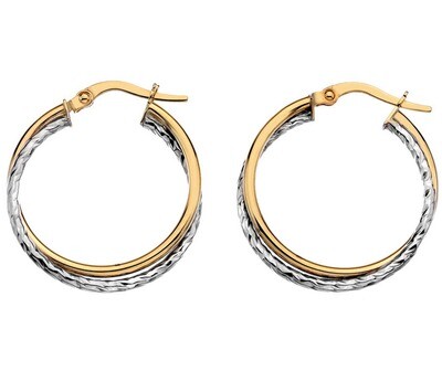 9ct Yellow and White Gold 20mm Two Strand Crossover Hoop Earrings