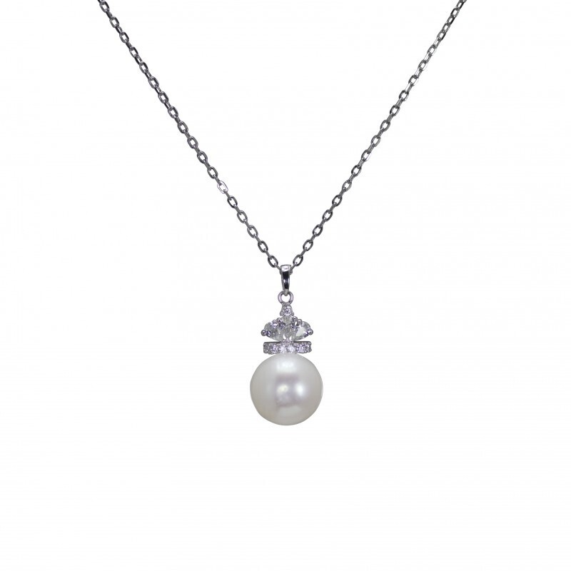 Vintage Design Sterling Silver Pearl Crown CZ Necklace 18"