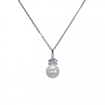 Vintage Design Sterling Silver Pearl Crown CZ Necklace 18"