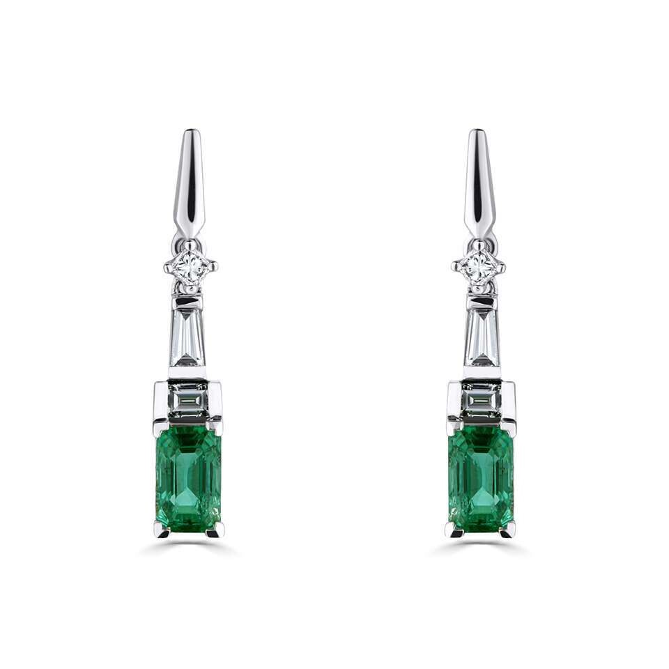18ct White Gold Emerald Diamond Deco Drop Earrings