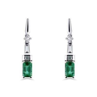 18ct White Gold Emerald Diamond Deco Drop Earrings